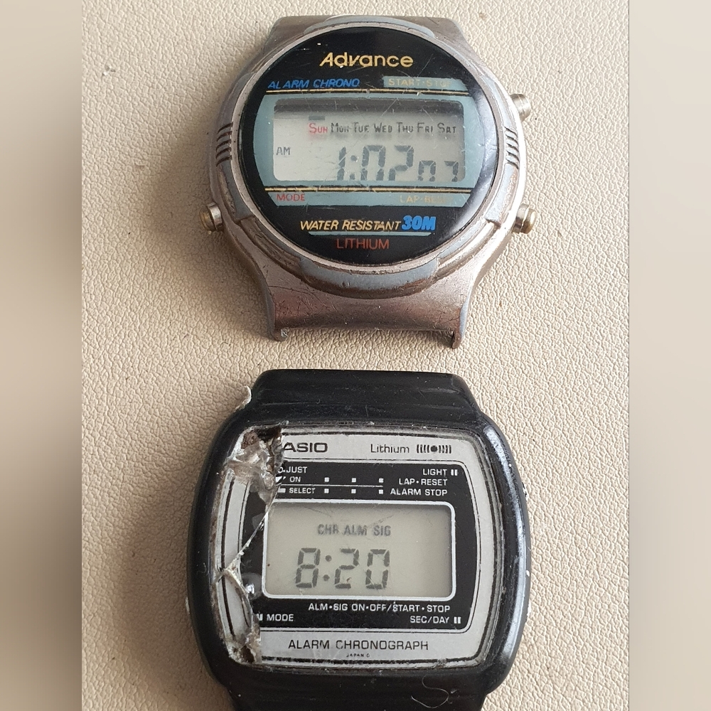 10/$20 Lot of 2 Vtg Casio & Advance Digital Alarm Chrono Men's Watches For Parts